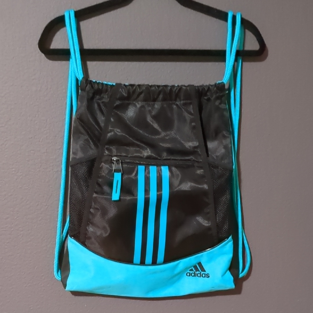 Adidas Black and Teal Drawstring Backpack
